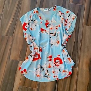 Aqua and Coral cap sleeve blouse